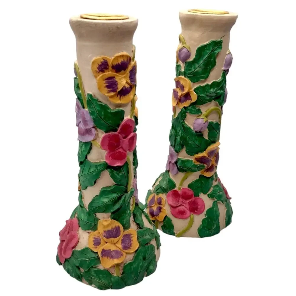 Vintage Floral Hand Painted Candle Holders 3D Resin & Brass Colorful 7" Flowers - Picture 2 of 10